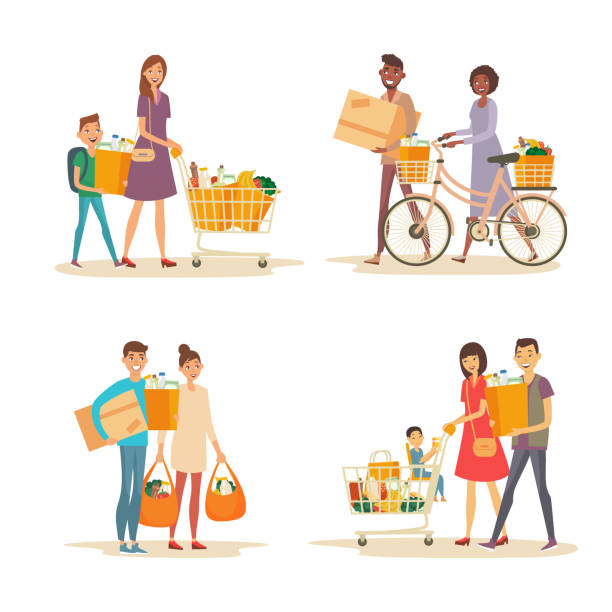 Interracial happy family with trolley and grocery Set of interracial family shopping. Characters of different nationalities with purchases. Purchase of grocery products and household goods. Word shoppping theme happy family shopping stock illustrations