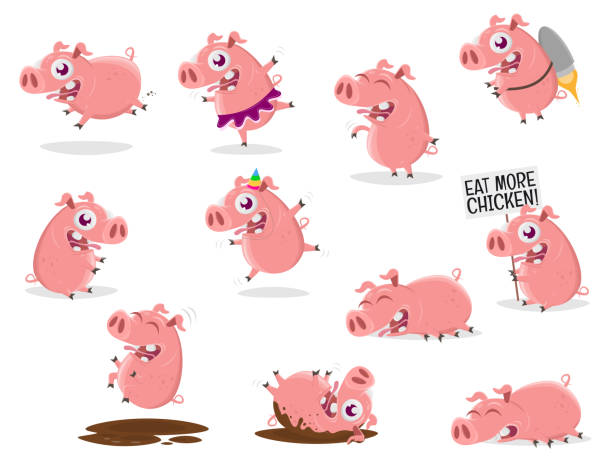 Funny Collection Of A Cartoon Pig Stock Illustration - Download Image Now -  Pig, Mud, Running - iStock