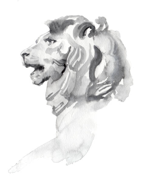 Watercolor hand-painted classic lion head sculpture illustration Isolated drawing on white background czech lion stock illustrations
