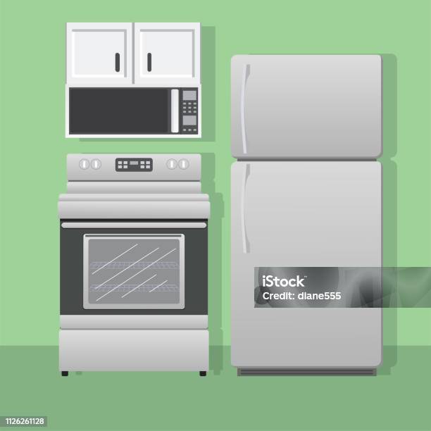 Fridge Stove And Microwave In A Kitchen Stock Illustration - Download Image Now - Appliance, Cabinet, Color Image