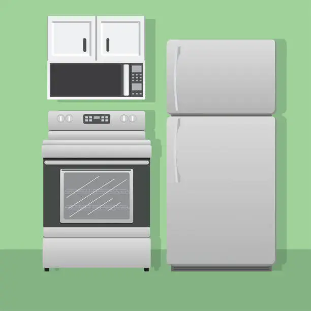 Vector illustration of Fridge, Stove And Microwave In A Kitchen