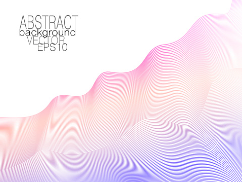 Violet, orange, magenta ripple diagonal waves. Soft creative gradient. Abstract colored undulating lines. Art line pattern. White background. Vector tech template. Elegant layout for modern design. EPS10 illustration