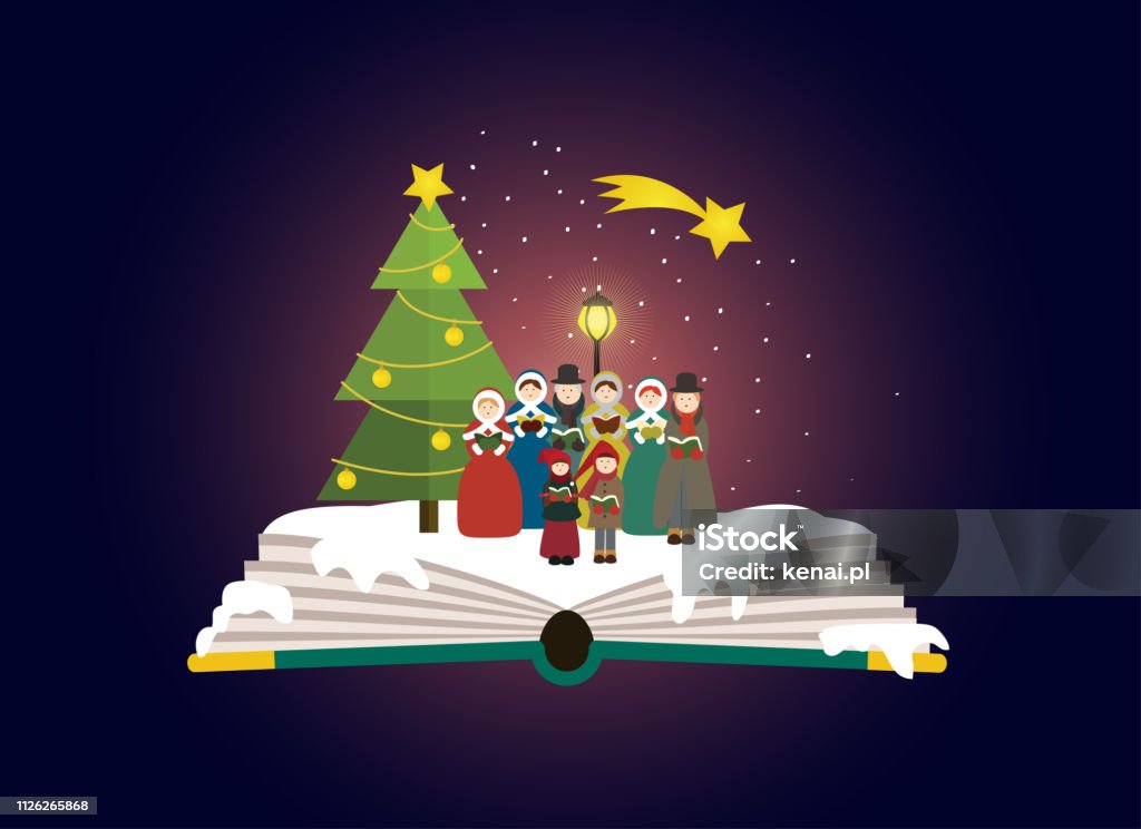 Group of carolers singing outside in the christmas time. Imagination concept- group of carolers singing outdoor next to christmas tree. Fairy tale story coming out of a book. Perfect for book shop, publishing house, school. Winter time. Caroler stock vector