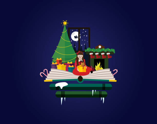ilustrações, clipart, desenhos animados e ícones de natal. menina abrindo seus presentes em casa ao lado da árvore de natal e lareira. - book open magazine storytelling