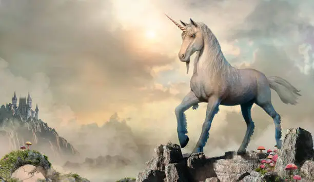 Unicorn fantasy scene 3D illustration