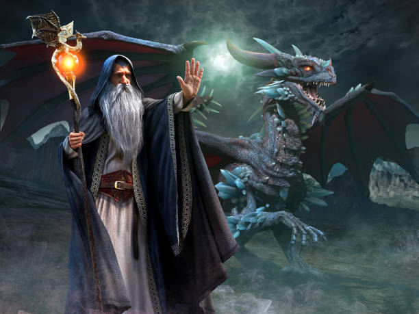 ウィザードと龍のシーンの 3 d 図 - wizardry ストックフォトと画像