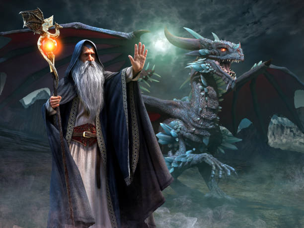 wizard and dragon scene 3d illustration - wizardry imagens e fotografias de stock