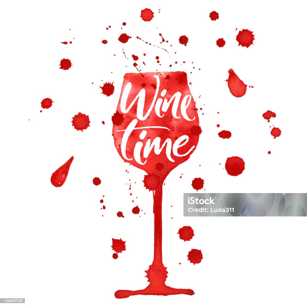 Watercolor glass of red wine with the text Wine time. Hand-drawn drink and drops Rosé Wine stock illustration