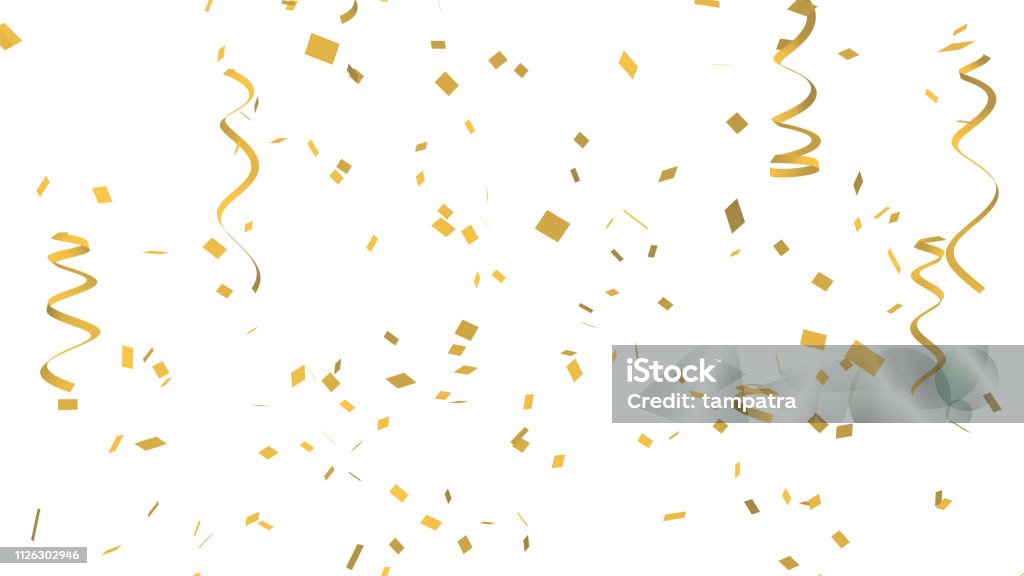 Many golden confetti and ribbon on white background for celebration event and party for New Year, Birthday party, Christmas or any holiday. 3d abstract Illustration Confetti Stock Photo