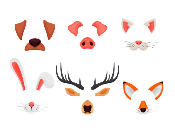Animal faces set with ears and noses isolated on white background. Video chat effects and selfie filters. Funny masks of dog, pig, cat, rabbit, deer and fox - vector illustration Animal faces set with ears and noses isolated on white background. Video chat effects and selfie filters. Funny masks of dog, pig, cat, rabbit, deer and fox - vector illustration. funny ear stock illustrations