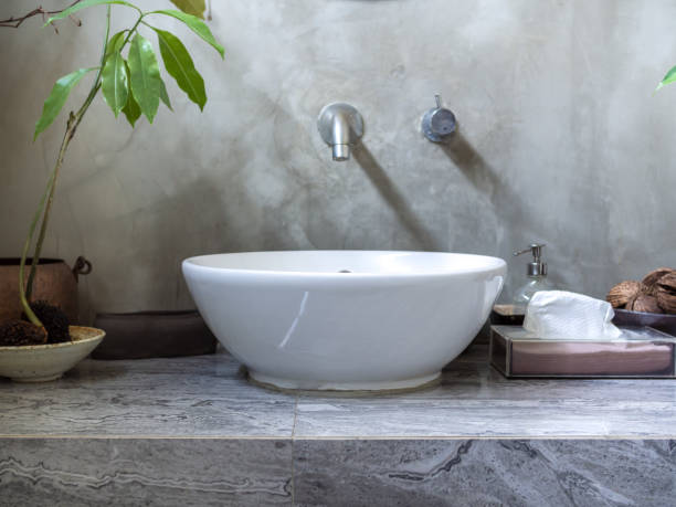 istock Clean loft style bathroom interior with modern sink basin faucet 1126308374