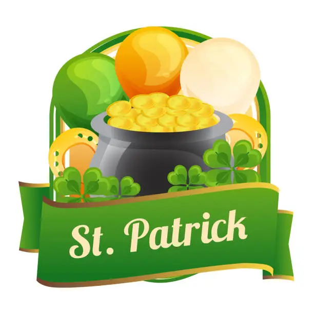 Vector illustration of colorful badge of saint patrick day with clover and coin