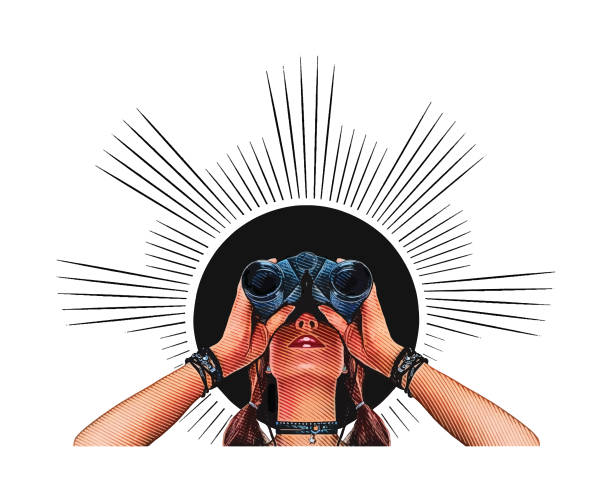 ilustraciones, imágenes clip art, dibujos animados e iconos de stock de mujer joven inconformista con binoculares - santa