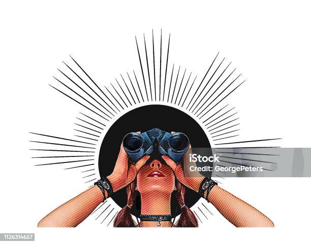 Young Hipster Woman With Binoculars Stock Illustration - Download Image Now - Binoculars, Surveillance, One Woman Only