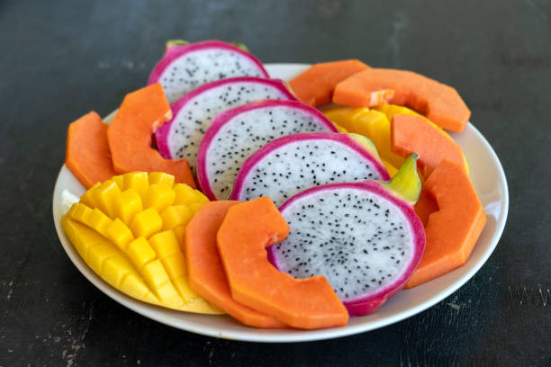 istock Tropical fruits assortment on a plate, close up 1126321434