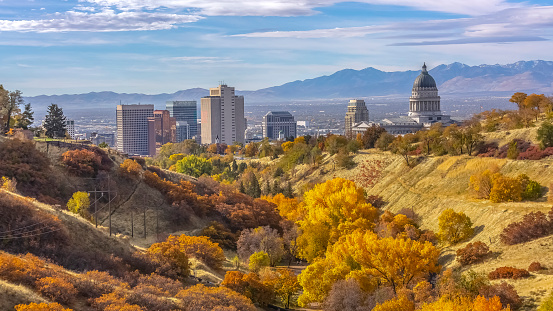 Fall colors on a hill overlooking Salt Lake City. Vibrant fall colors on a hill overlooking Utah State Capital Building and downtown Salt Lake City. Spectacular landscape on a sunny day in Utah.