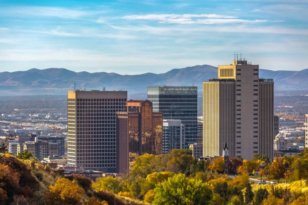 istock Salt Lake City downtown against mountain and sky 1126324444