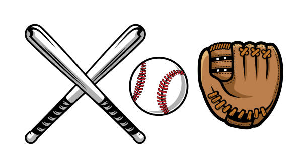 ilustraciones, imágenes clip art, dibujos animados e iconos de stock de conjunto de ilustraciones de equipos de béisbol contiene bate, guantes y pelota. - baseball baseball player baseballs catching