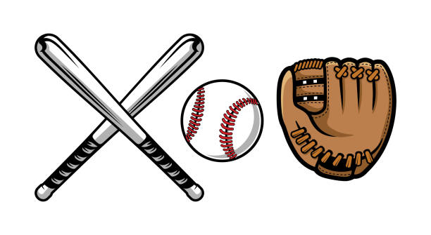 illustrazioni stock, clip art, cartoni animati e icone di tendenza di set di illustrazioni di attrezzature da baseball contiene pipistrello, guanti e palla. - guanto da baseball