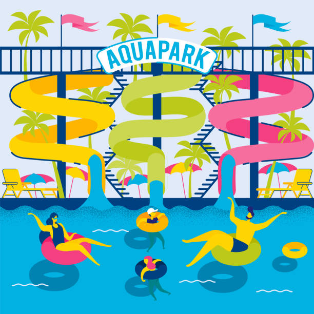 rodzina w parku wodnym relaks w gumowych pierścieniach. - swimming pool child water park inflatable stock illustrations