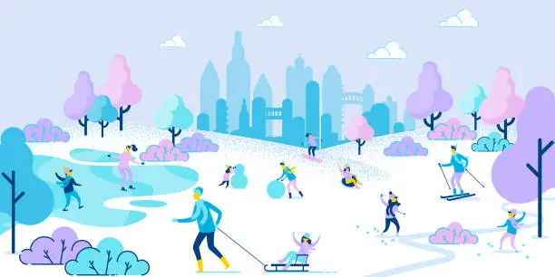 Vector illustration of People Skiing Skating Sledding in Winter Park.