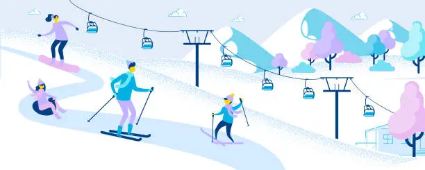 Vector illustration of Family at Ski Resort Winter Activity and Sports.