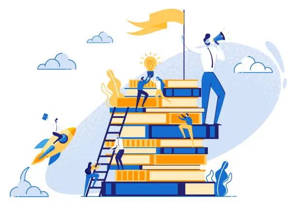 Vector illustration of Small People on Stack of Books Teamwork Education.