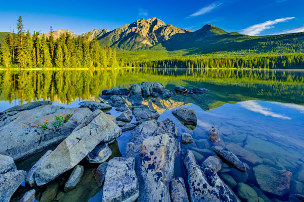 Jasper National Park in Alberta Canada Pyramid Mountain and lake in Jasper National Park, Canada jasper national park stock pictures, royalty-free photos & images