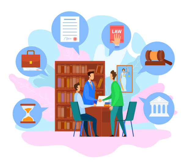 Attorney Office Consultation People Handshaking. Consultation at Attorney Office. Vector EPS 10. Image of Notary and Client Handshaking. Gavel and Sand Watch. Agreement, Law Book Icons. Lawyer Services Concept. Law Protection. Business Deal. lawyer illustrations stock illustrations
