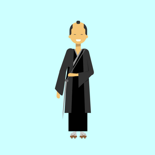 Japanese Samurai Man In Black Kimono Traditional Male Japan Dress Japanese Samurai Man In Black Kimono Traditional Male Japan Dress Flat Vector Illustration cartoon of the famous chinese warriors stock illustrations