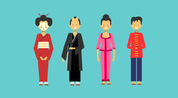 Traditional Asian Costumes Set People Wearing Kimono Chinese And Japanese Clothes Traditional Asian Costumes Set People Wearing Kimono Chinese And Japanese Clothes Flat Vector Illustration cartoon of the famous chinese warriors stock illustrations