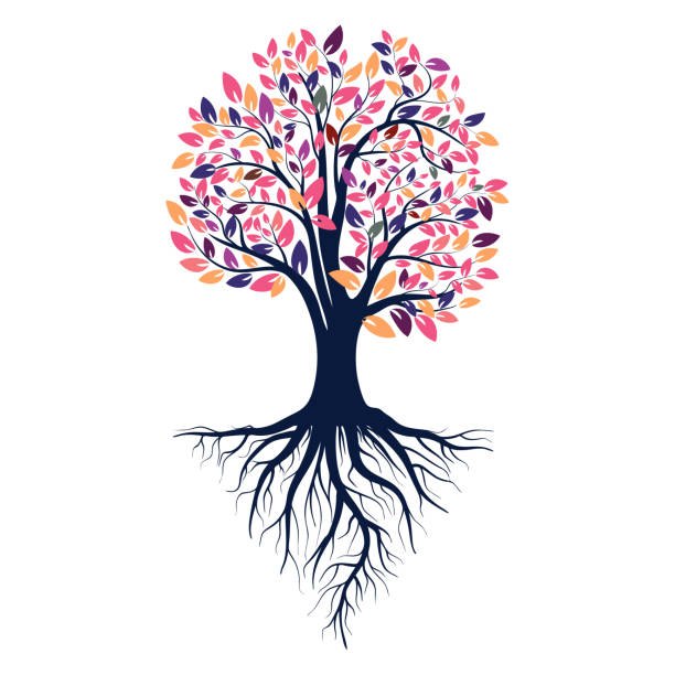 illustrazioni stock, clip art, cartoni animati e icone di tendenza di silhouette autunnale di un albero con foglie colorate. albero con radici. isolato su sfondo bianco. colori stile retrò anni '80. illustrazione vettoriale - autumn tree root forest