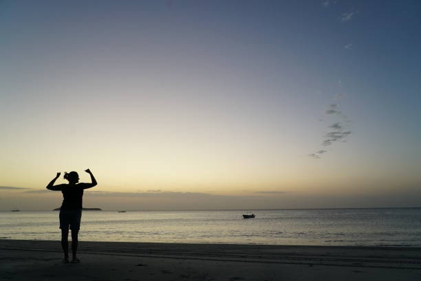 silueta humana solitaria en el mar cuesto mirar la puesta de sol sobre el agua. concepto de régimen, el silencio y reclusión - reclusion fotografías e imágenes de stock