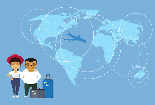 Asian Couple Of Travelers Or Tourists Standing With Baggage Over World Map Background Flat Vector Illustration