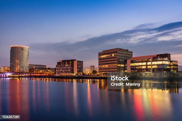 Belfast Cityscape River Lagan At Night Northern Ireland Stock Photo - Download Image Now