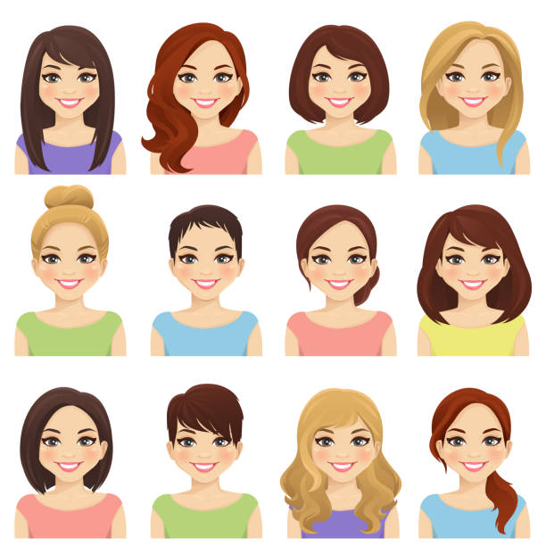 illustrazioni stock, clip art, cartoni animati e icone di tendenza di set di ragazze carine - capelli corti