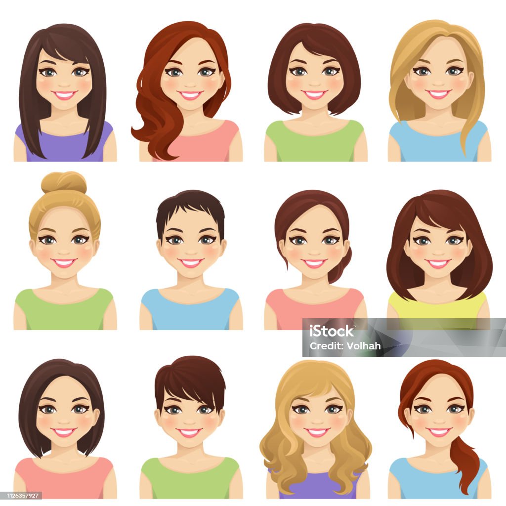 Set of cute girls Set of cute girls with different hairstyles and color vector illustration isolated Women stock vector