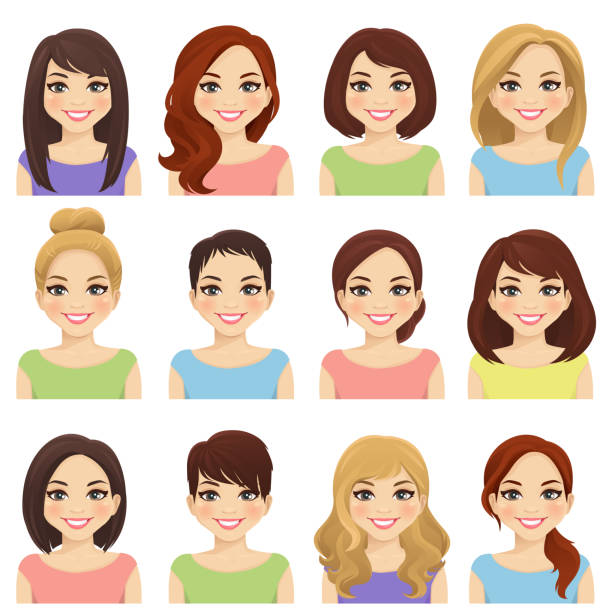 Set of cute girls Set of cute girls with different hairstyles and color vector illustration isolated black hair illustrations stock illustrations