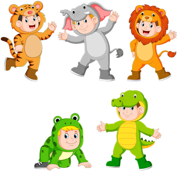 illustrations, cliparts, dessins animés et icônes de enfants de collection portant des costumes d’animaux sauvages mignons - frog animal little boys child