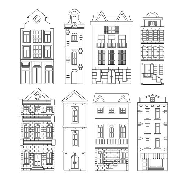 Set of european black-white old houses isolated white background. Set of european black-white old houses isolated white background. Retro style building facades. Vector illustration. canal house stock illustrations