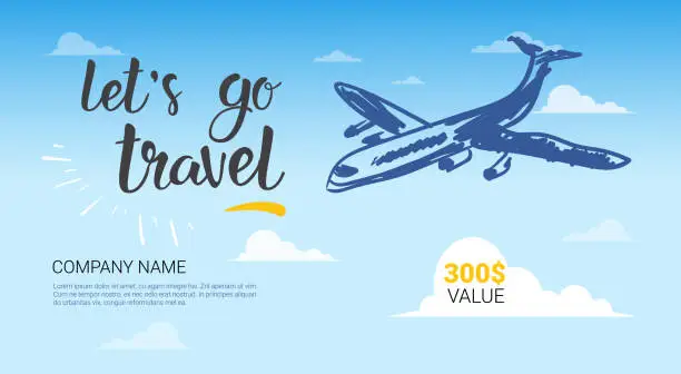 Vector illustration of Travel Company Template Banner Airplane Flying In Sky Background Tourist Agency Flyer