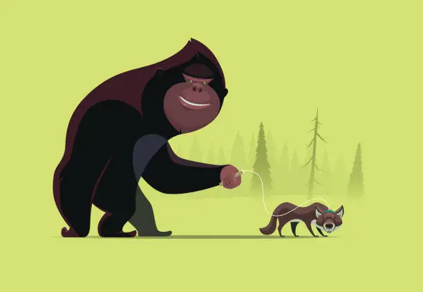 Vector illustration of bigfoot walking with wolf