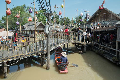the architecture of the Floating Market near the city of Pattaya in the Provinz Chonburi in Thailand.  Thailand, Pattaya, November, 2018