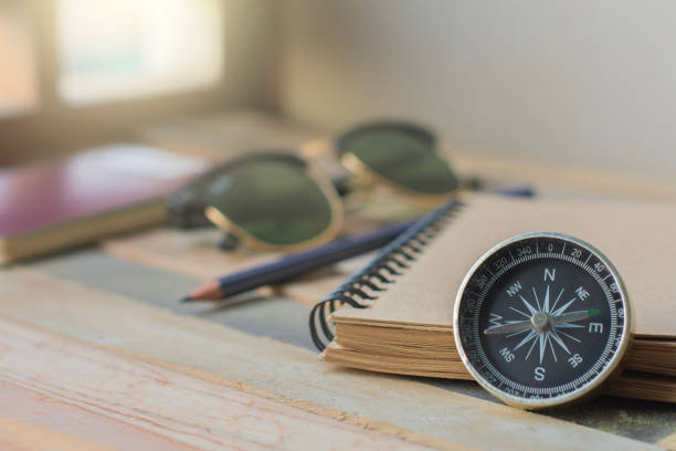compass on book blurred background. Using wallpaper or background travel or navigator image.