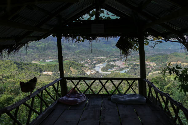 vista panorámica desde una choza de bambú carretera de un verde valle cubierto de verdes bosques y río mekong cerca de luang prabang en el norte de laos - laos hut southeast asia shack fotografías e imágenes de stock
