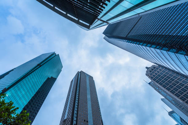 istock Low angle view of modern metallic skyscrapers 1126375446