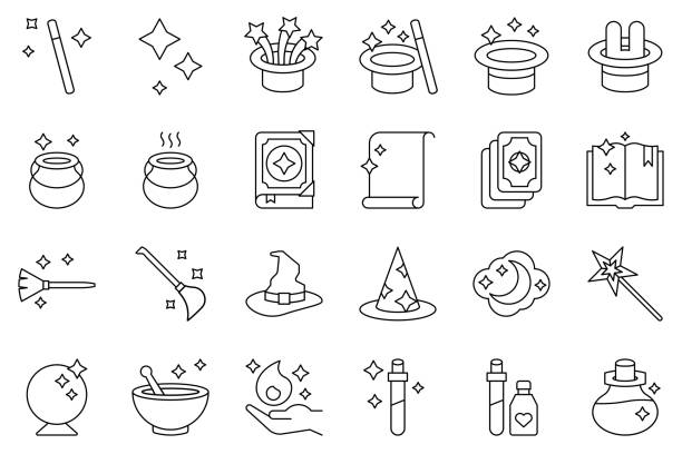 ilustraciones, imágenes clip art, dibujos animados e iconos de stock de conjunto de iconos de vector, trazo editable de estilo de línea relacionados con la magia - wizard magic broom stick