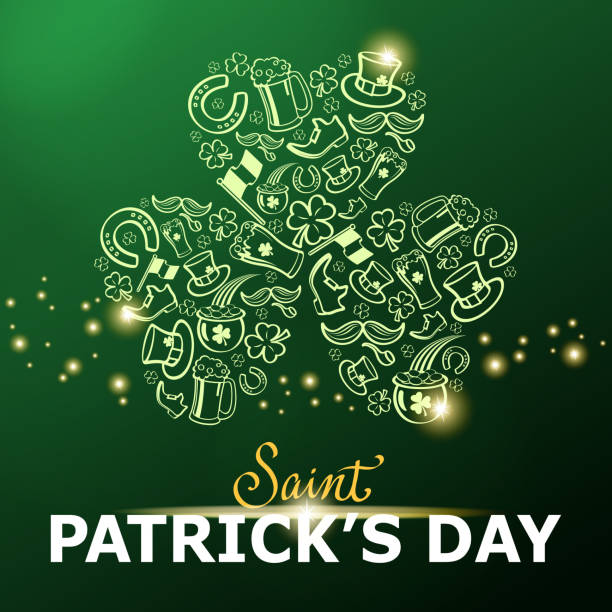 день святого патрика блестящие элементы shamrock - luck st patricks day horseshoe rainbow stock illustrations