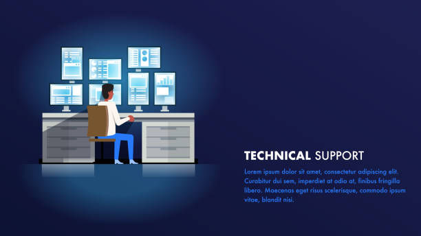 ilustrações de stock, clip art, desenhos animados e ícones de technical support administrator. man character - repairing computer technician service