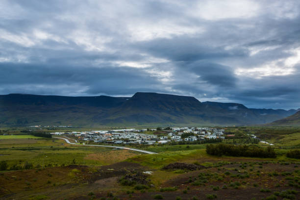 Scenic view of city Mosfellsbaer, Capital Region, Iceland stock photo
